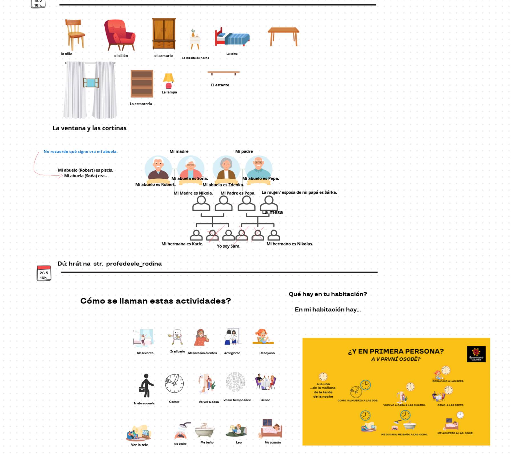 Záběr z jedné  z našich interaktivních tabulí. Studenti si v ní učivo sami mohou přemisťovat, využívat barev a prvků všeho druhu pro lepší zapamatování a spojení s vjemy. Proklik do vložených prezentací umožňuje aktivaci vizuálně-prostorové inteligence, která si učivo ráda rozvrhne dle svého :) . Zatímco učebnice jsou hotové, tabuli (a tím velkou část materiálů) si u nás tvoříme sami. 